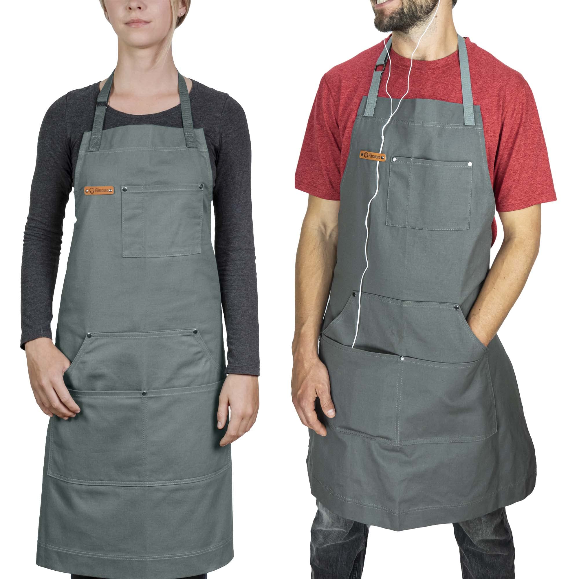 Chef Pomodoro Chef Apron for Men and Women, Kitchen Apron for Women with Pockets, Adjustable Neck Straps Chef Aprons, Aprons for Cooking, 100% Cotton Cooking Aprons, Machine Washable, Stone Grey