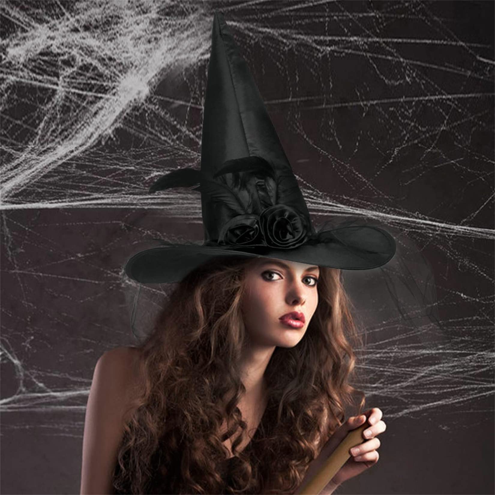 JUSTOTRY Halloween Witch Hat - Halloween Costume Witches Hats for Women attached with Roses & Feathers