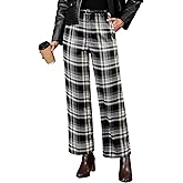 GRAPENT Plaid Pants for Women Wide Leg High Waisted Tartan Work Business Casual Elastic Waist Trousers Pants with Pocket