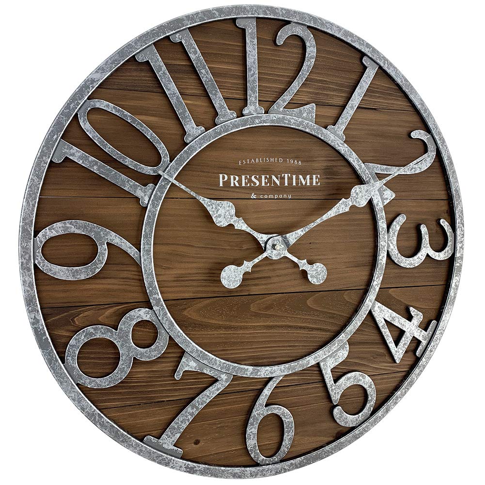 Presentime & Co Vintage Farmhouse Series, Galvanized Rustic Barnwood Clock, 19.5 inch, Galvanized Finish Arabic Numerals with Weathered Natural Barnwood, Farmhouse Décor/Wall Décor