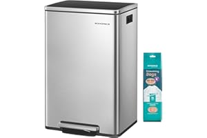 SONGMICS Trash Can, 13-Gallon Gabbage Can, with 15 Trash Bags, Stainless Steel, with Soft-Close Lid, Removable Inner Bucket, Handles, Silver ULTB595E01