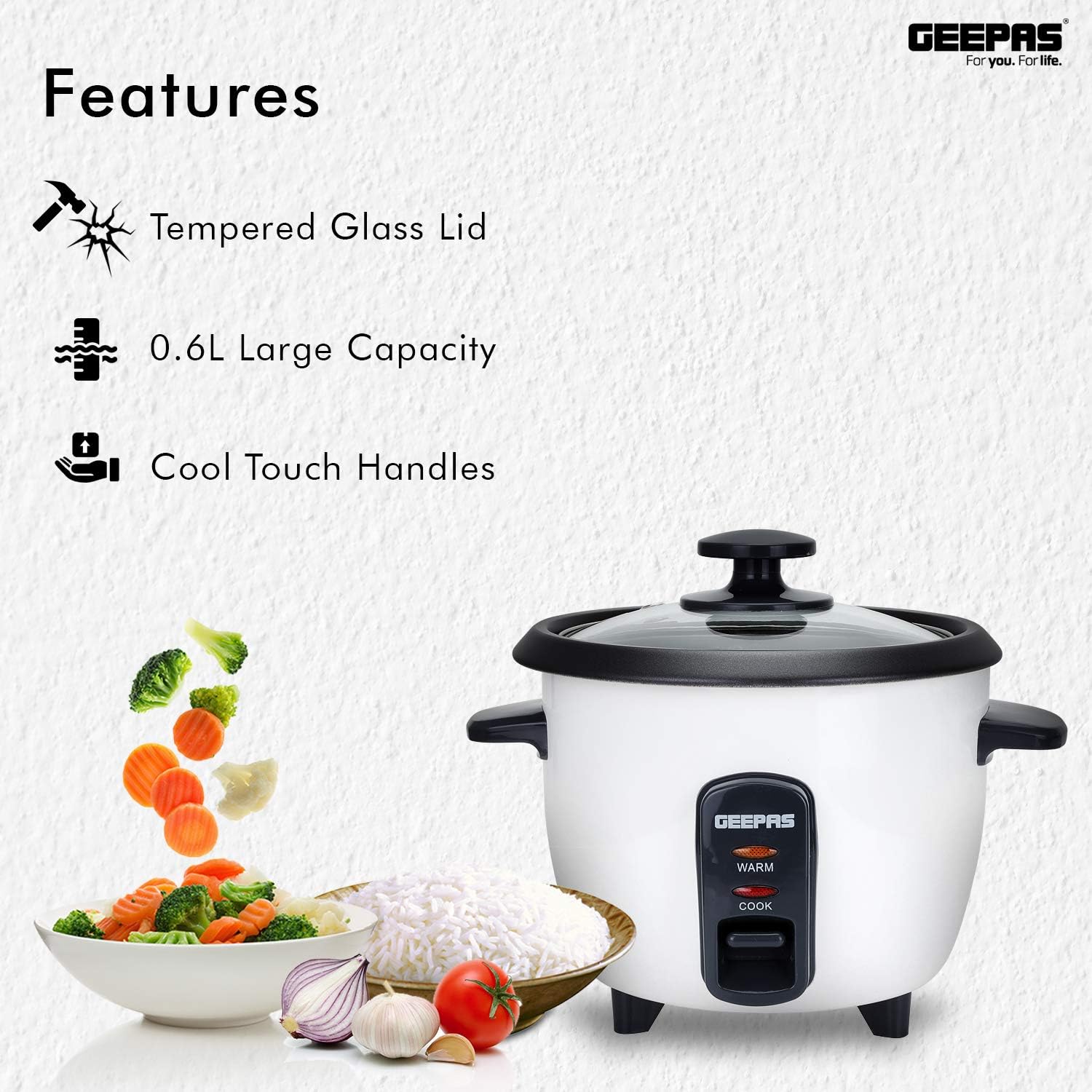 GEEPAS Rice Cooker with Steamer, White, 0.6L - 300W - Image 3