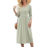 Heymoments Women's Casual 3/4 Sleeve Midi Dress Crewneck A Line Tiered Flowy Loose Travel Long Dresses with Pockets
