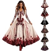 Skeleton Dress Long Sleeve V Neck Maxi Halloween Dresses for Women Spooky Skull Rose Gothic Festival Party Outfit