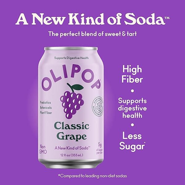 OLIPOP PREBIOTIC SODA POP, CLASSIC GRAPE, PANTRY PACK PACKED WITH PREBIOTICS, FIBER, AND BOTANICALS, GLUTEN FREE, VEGAN, GMO FREE, 12OZ (12-CANS)