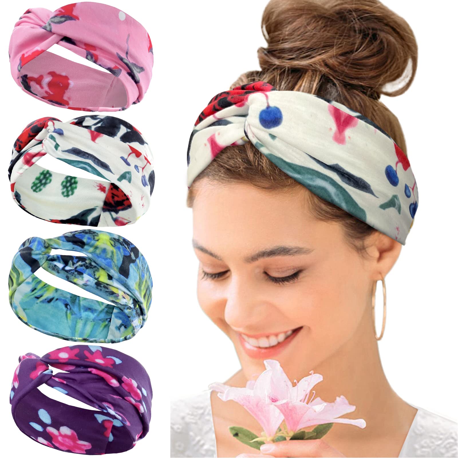 KAVYA Wide Headbands for Women's Hair Headband Soft Head Bands Adult Women Hairband Turban Flower Cotton Head band Everyday Yoga Sport Fitness