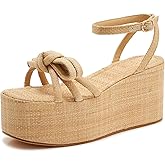 AITTA Women’s Platform Raffia Sandals with Bow - Ankle Tie Wedge Shoes, Comfortable Espadrille Summer Beach Casual Footwear for Vacation & Outdoor, Adjustable Strap, Non-Slip Rubber Sole
