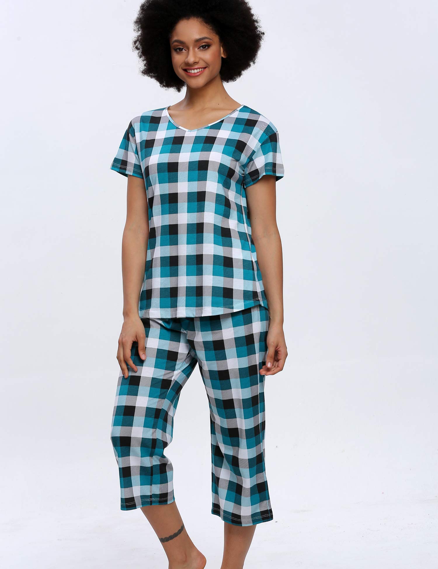 ENJOYNIGHT Pajamas Set Women\'s Cute Tops with Capri Pants Sleepwear Sets Plus Pj Lounge Nightgowns (Lattice G, XXX-Large)