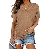 WIHOLL Womens Summer T-Shirts Short Sleeve V Neck Dolman Tops with Side Shirring Loose Fit Shirts Spring Fashion