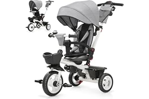 EOOWOY Toddler Tricycle with Push Handle, 7 in 1 Stroller Trike with 360° Swivel Seat, Reclining Backrest, All-Terrain Wheels, Dual Brakes, Canopy & Storage, Gift for Kids 18 Months to 5 Years, Gray