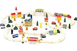 Conductor Carl TCON-201 100-Piece Train Track Town Starter Set Bulk Value Wooden Set with 34 Track Pieces, 12 Cars & Trains, 15 People/Signs, & 39 Trees/Houses
