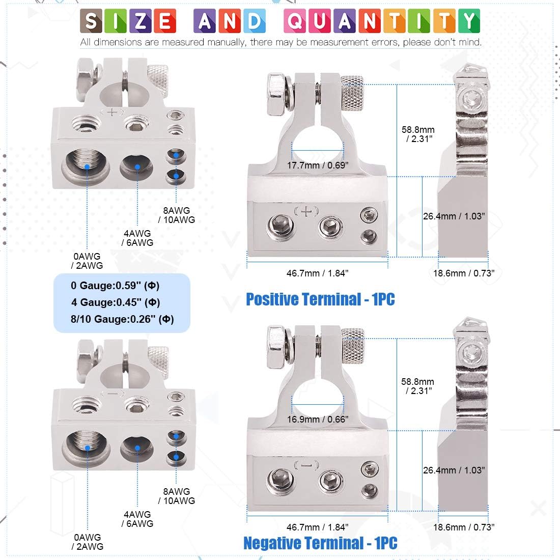 Glarks 8Pcs Silver Car Battery Terminal Connectors with Copper Wire lugs Ring Terminals Set - Image 3