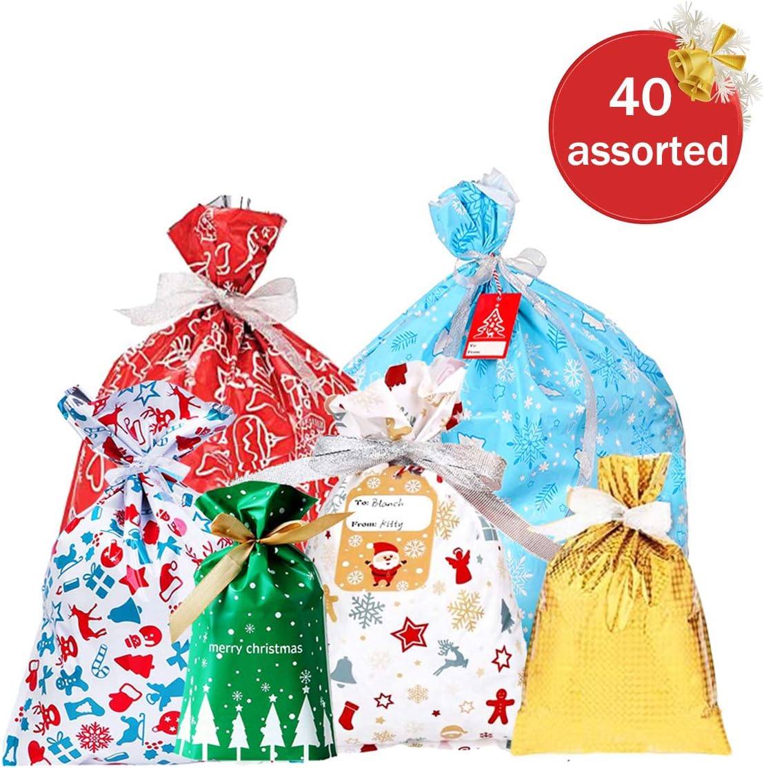 Ssyihao 35pcs Christmas Drawstring Gift Bags Assorted Wrapping Bags Upgraded Christmas Goodie Bags for Birthday Christmas Party