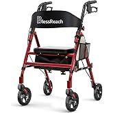 BlessReach Lightweight Foldable Rollator Walker with Seat for Seniors, Red | 300 lb Capacity, 5-Position Adjustable Height, Premium Hybrid Rolling Walker - Aluminum and Carbon Steel