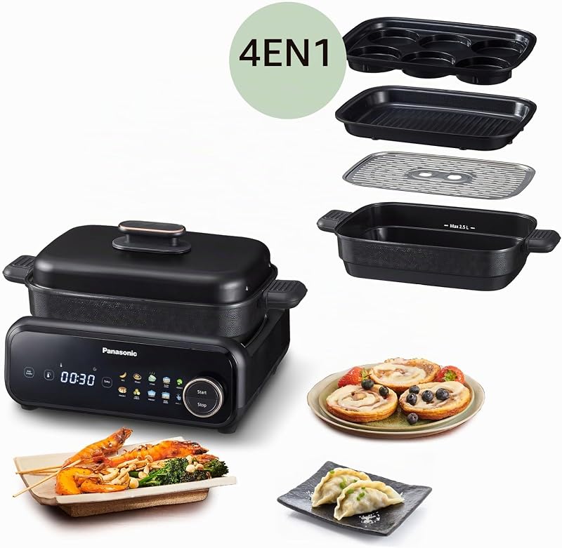 NF-GM400 Multi Cooker 4 em 1, grelhador elétrico, frita, cozinha lenta, churrasco, vapor, salteado, 1400 W, 40-250 °C, 9 modos automáticos, extrator de fumo, tabuleiros aptos para máquina de lavar loiça