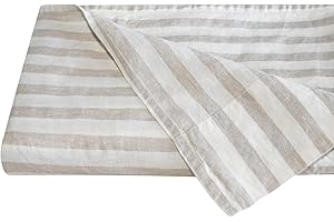 S VICTORY SYMBOL 100% Organic Linen Flat Sheet 1 Piece Only 108x102 inch-Beige Stripe Stone Washed French Flax King Size Bed Sheet,Striped Flat Top Sheet Breathable and Durable