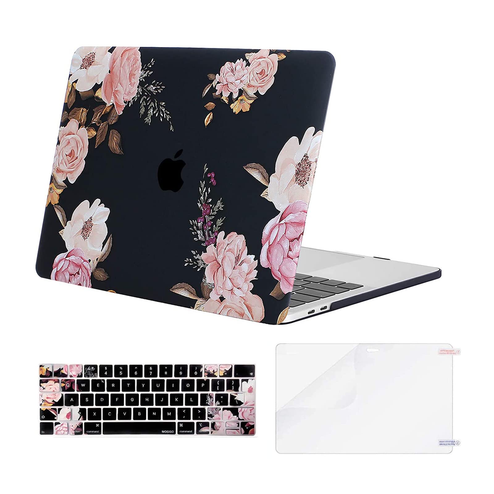 MOSISO Compatible with MacBook Pro 13 inch Case M2 M1 2026 2025 2024 2023-2016 Release A2338 A2251 A2289 A2159 A1989 A1706 A1708, Plastic Peony Hard Shell&Keyboard Skin&Screen Protector, Black