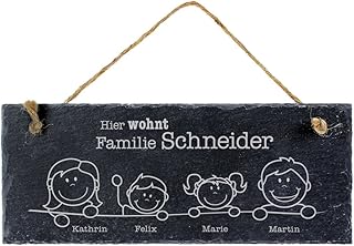 Casa Vivente Schiefertafel mit Gravur, Hier wohnt, Personalisiert mit Namen der Familie, Türschild mit Juteband für die Haustür