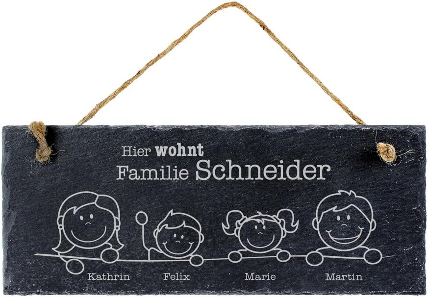 Casa Vivente Schiefertafel mit Gravur, Hier wohnt, Personalisiert mit Namen der Familie, Türschild mit Juteband für die Haustür