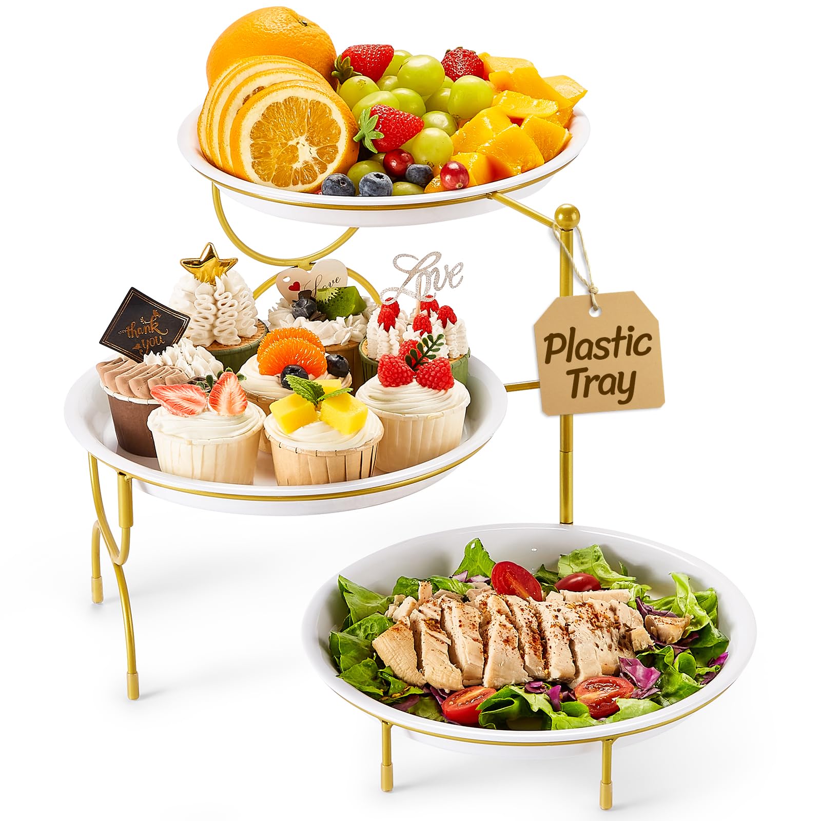 Photo 1 of Lifewit Plastic 3 Tier Serving Tray Platter for Party Entertaining, 10" × 10" Large Dessert Table Display Set, White Reusable Round Dishes with Gold Metal Display Stand for Veggie, Fruit, Cookies