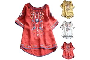 Binmer Women Cotton Linen Shirts Vintage Flower Embroidered Blouse Short Sleeve Crewneck Boho Top Oversized Casual Loose Tee