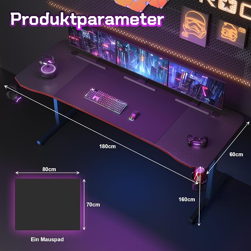 Ergonomischer Gamer-Tisch mit Getränkehalter und Mauspad,180x60cm — Foto 7 von 7
