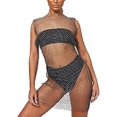 Women’s Mesh See through Swimsuit Cover Up Rhinestone Fishnet Skirts Beach Wrap Bikini Hollow Out Tank Mini Dress for Swimwea