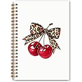 Foritho Coquette Leopard Bow Cherry Notebook, Trendy Preppy Cherry Journal, Funky Cheetah Print Bow Journal, Aesthetic Girly Office Supplies, Cherries Spiral Notebooks 5.5x8.3 Inch