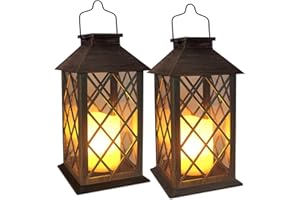 SHYMERY Solar Lanterns, Hanging Outdoor Lantern with Lasts 2X Longer LED Flickering Flameless Candles, Waterproof Outdoor Garden Lanterns Decorative for Patio, Porch,Deck, Yard, Table Decor 2 Pack