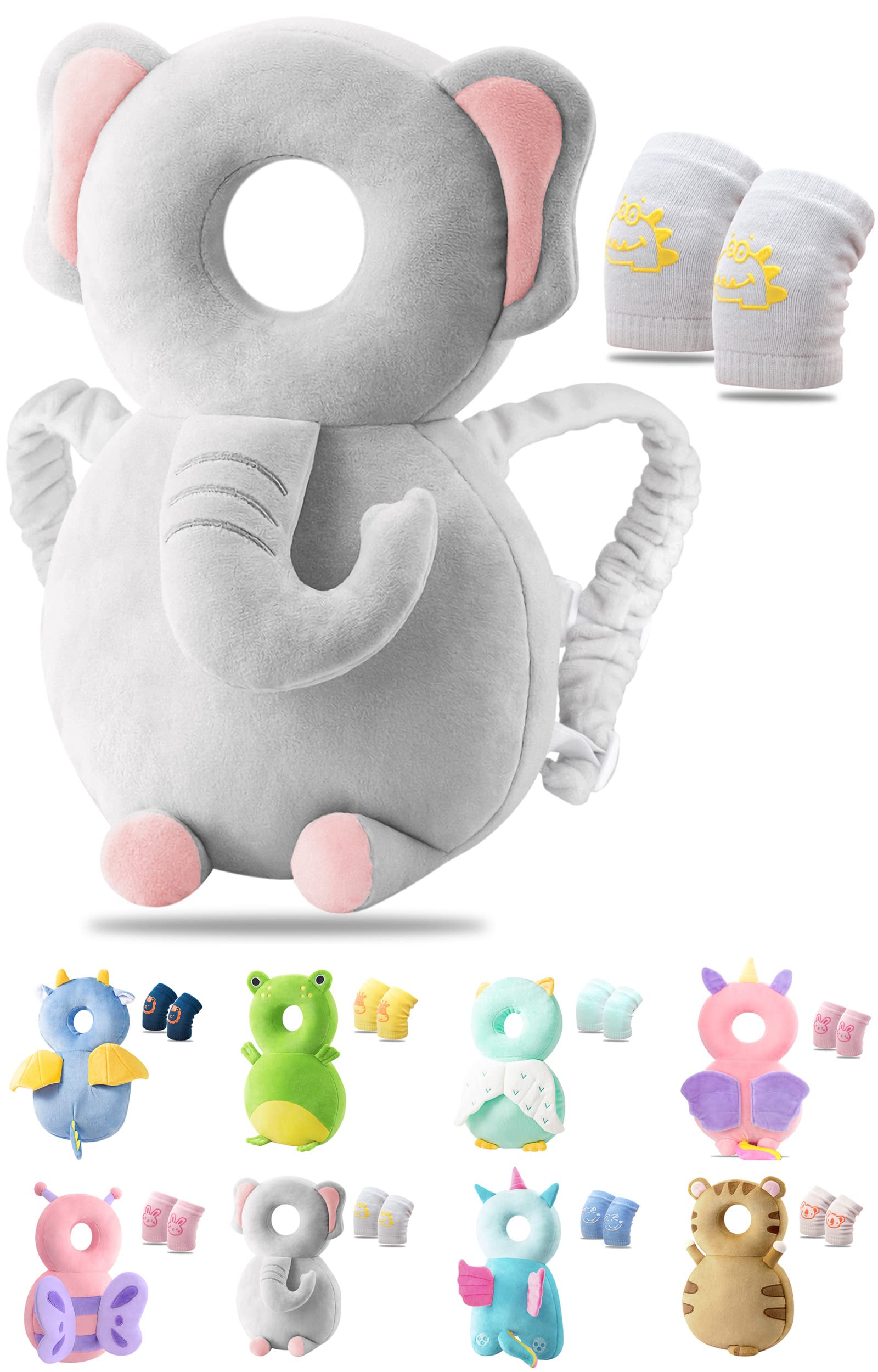 JEJA Baby Head Protector Backpack and Baby Knee Pads for Crawling, Adjustable Head Back Protection Safety Pads Toddler Walking, Elephant
