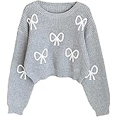 OYOANGLE Girl's Bow Cropped Sweater Bishop Long Sleeve Crewneck Drop Shoulder Knit Pullover Jumper Tops