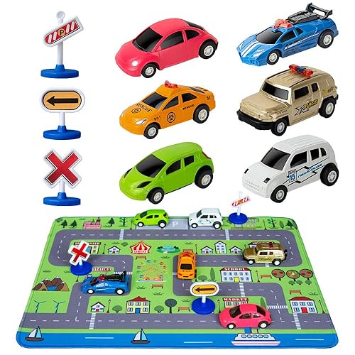 Car Toys with Play Mat, Toy Cars, Road Signs, 14