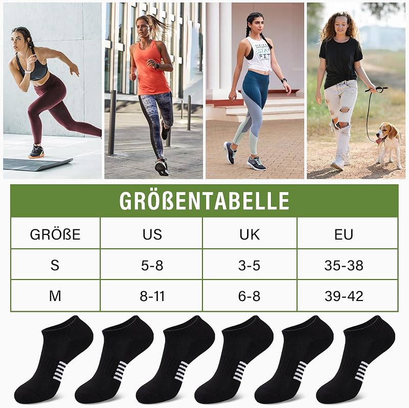 Bambus Sneaker Socken Damen 6/12 Paar, Atmungsaktive Gepolsterte Sportsocken Laufsocken, Anti Schweiß Kurze Socken Damen 39-42 35-38 Bunt, Geschenke für Frauen Sommer, 6 Schwarz 39-42