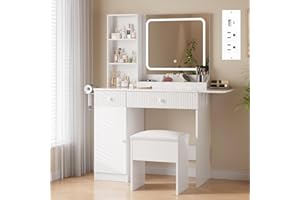 Vanity Desk with Mirror & Lights, Modern Makeup Vanity with & Cabinet, Charging Station,3 Color Light Adjustable, Vanity Desk