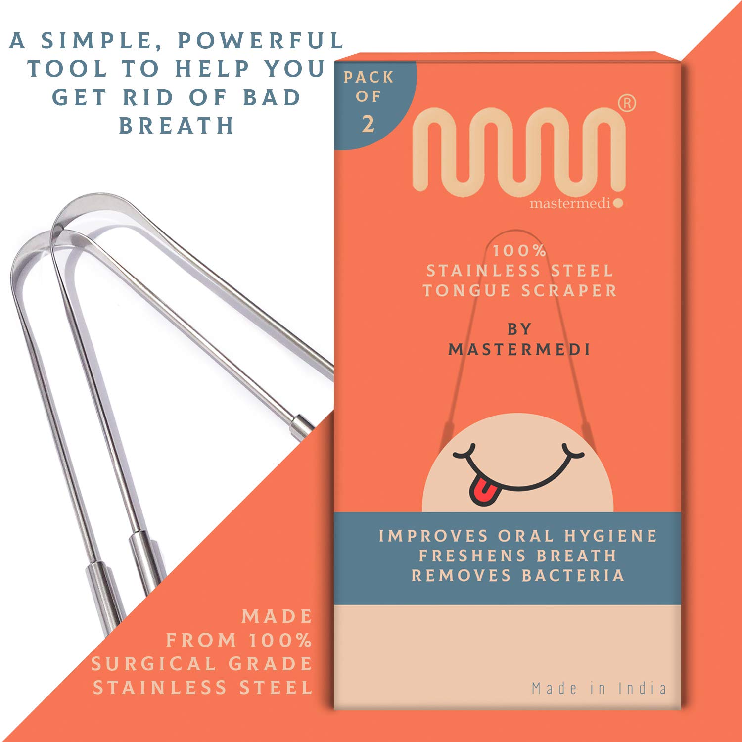 Tongue Scraper (2 pack with 2 travel/storage cases) Tongue Cleaner, Scrapers for Adults and Kids Medical Grade Reusable Stainless Steel Helps Fight Bad Breath With Non-synthetic Grip : Beauty