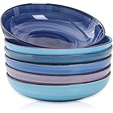 Selamica Porcelain 26 Ounce Salad Pasta Bowls, 8 inch Wide and Shallow Serving bowls, Microwave & Dishwasher Safe, Sturdy & Stackable, Set of 6, Gradient Blue