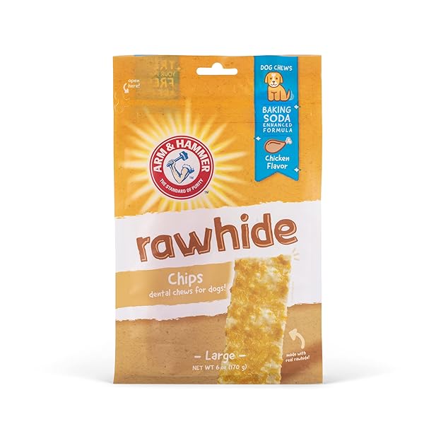 ARM & HAMMER FOR PETS RAWHIDE CHIPS FOR DOGS REAL DOG RAWHIDE CHEWS WITH CHICKEN COATING AND ARM AND HAMMER BAKING SODA ENHANCED FORMULA FOR FRESH DOG BREATH, DOG TREAT BAG SIZE LARGE (PACK OF 1)