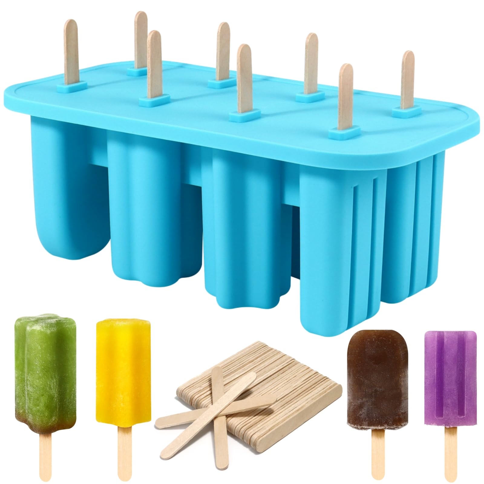 8 Cavity Ice Lolly Moulds with 48pcs Wooden Sticks, Reusable Silicone Popsicle Mould, BPA Free Ice Pop Moulds, Homemade Ice Cream Mould for Kids Adults Summer DIY Home Kitchen Tools (Blue)