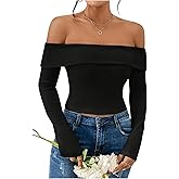WDIRARA Women's Off Shoulder Crop Tee Foldover Long Sleeve Slim Fit T Shirt Going Out Outfit