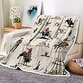 Western Cowboy Throw Blankets, Wild West Cowboy Ride Horse Desert Cactus Cozy Warm Bed Couch Blanket, Soft Cozy Plush Warm Cowboy Blanket for Sofa Couch Bed 50"X60", Beige