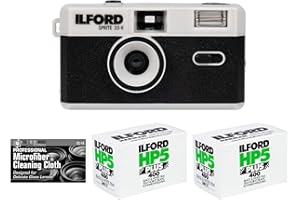 THE IMAGING WORLD Bundle of Ilford Sprite 35-II Reusable/Reloadable 35mm Analog Film Camera (Black and Silver) with Two Rolls of HP5 Film and Cloth