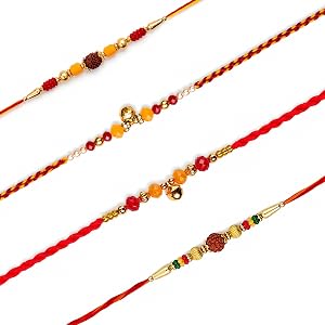 SAJTOX Handmade Rudraksha Rakhi Set for Brother, 4 Pcs, Multicolor, Polyester Blend, Adjustable, Decorative Beads, Traditiona