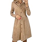 PUDANA Womens Corduroy Solid Color Shirt Dress Lapel Button Down Dresses Long Sleeve A Line Blouse Dress