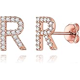 ChicSilver Small Cubic Zirconia Initial Stud Earrings for Women, Rose Gold Plated Alphabet A-Z Letter Earrings for Women Hypoallergenic (Initial R)