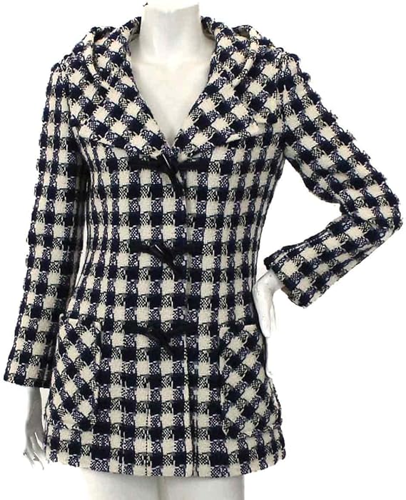 Amazon シャネル Chanel ツイード ダッフル コート アウター ニット フード付き ウール ココ Cc 青 白 黒 38 06a レディース 中古 コート ジャケット 通販