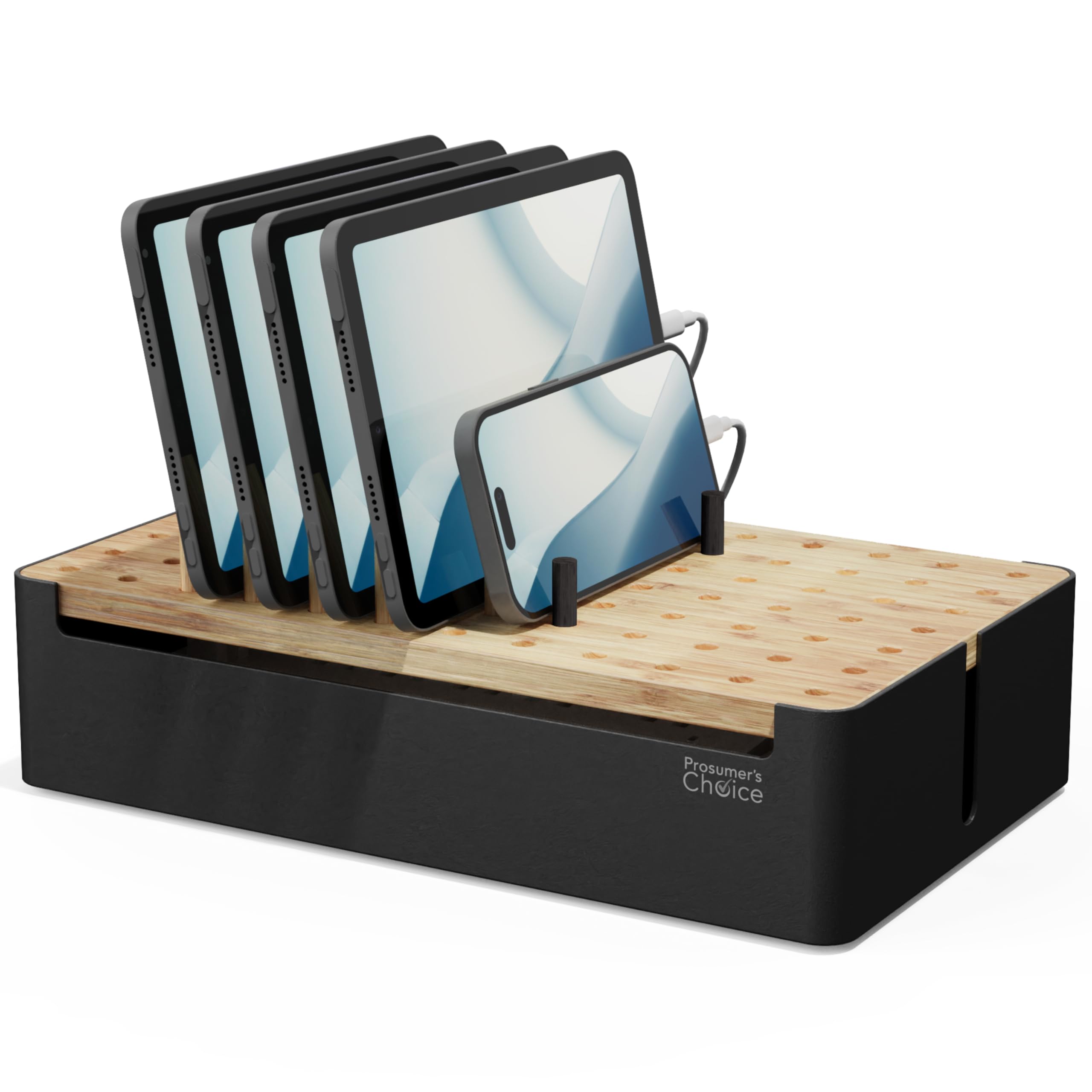 Photo 1 of Prosumer's Choice Black Wooden Charging Station Organizer for Multiple Devices - Cable Management Box with 5 Slots and Removable Dividers - Charger Organizer for Phone, Tablet, Home, Office, 12"x6"x7"