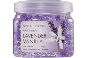 SMELLS BEGONE Odor Eliminator Gel Beads - Air Freshener - Eliminates Odor in Bathrooms, Cars, Boats, RVs & Pet Areas - Made with Essential Oils - Lavender Vanilla Scent - 12 Ounce