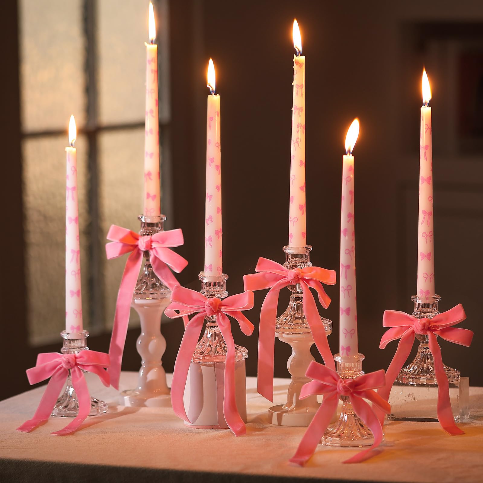Photo 1 of Reallnaive 6 Set Pink Bow Coquette Taper Candles with Glass Candlestick Holders 10 Inch Tall Pillar Candles Bow Theme Birthday Decorations for Dinner, Party, Wedding, Anniversary