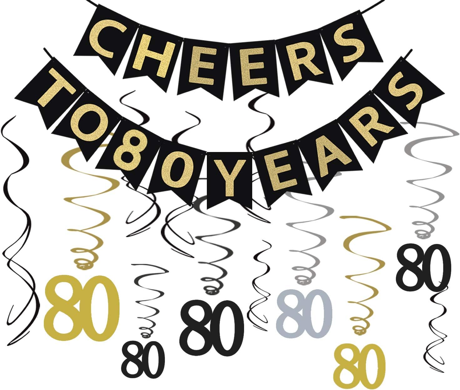 Tuoyi 80th Birthday Party Decorations KIT - Cheers to 80 Years Banner, Sparkling Celebration 80 Hanging Swirls, Perfect 80 Years Old Party Supplies 80th Anniversary Decorations (Bnner Set)