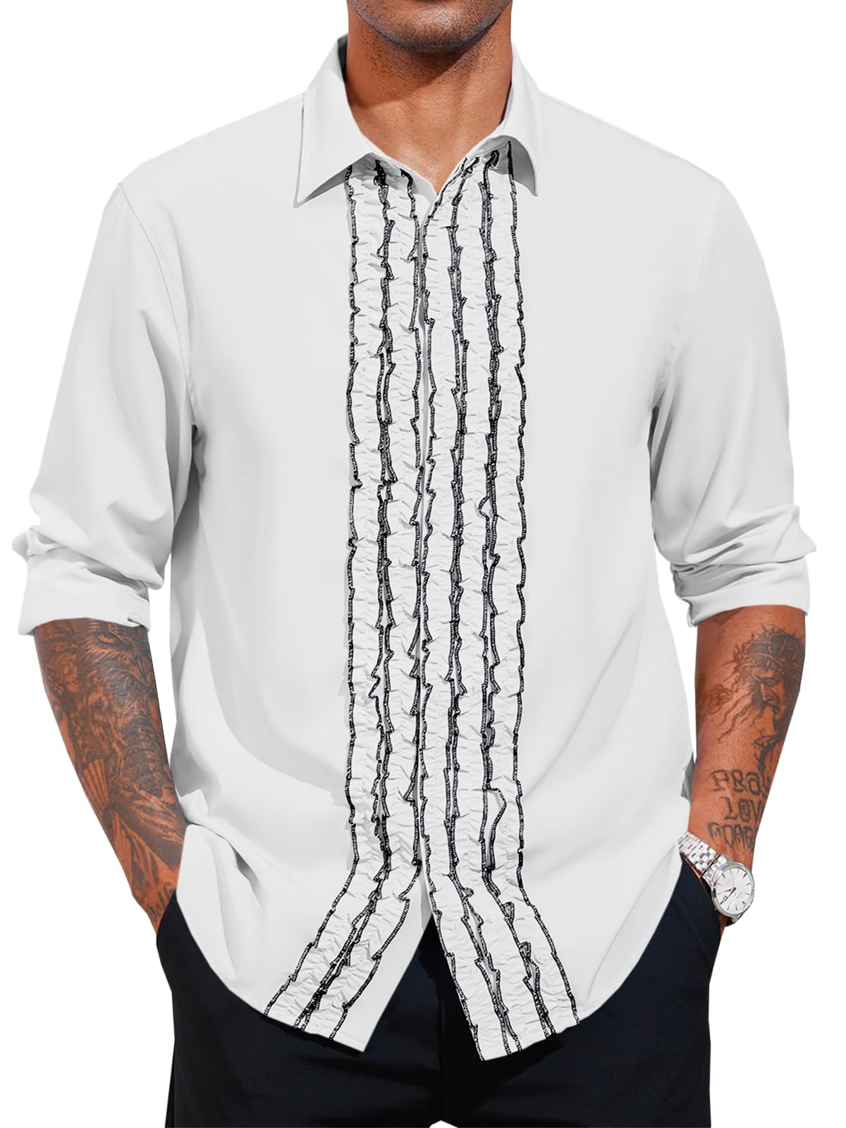 Photo 1 of Runcati Mens Ruffle Tuxedo Shirt 80s Medieval Retro Costume Tops Long Sleeve Party Dinner Dress Shirts White